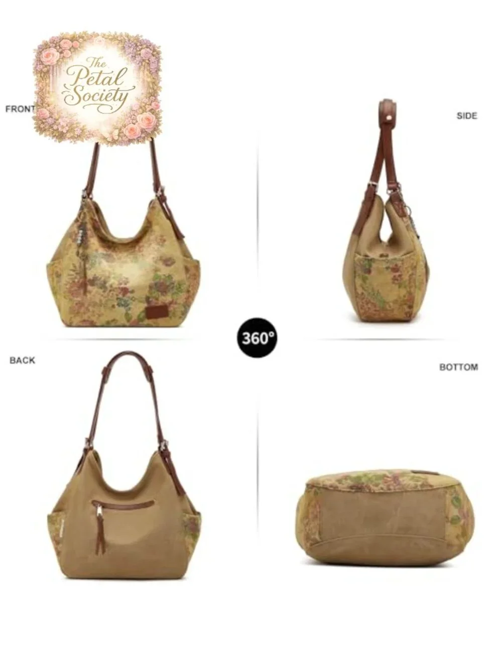 Canvas Hobo Purse Multi Pocket Tote Shopper Shoulder Bag with Embroidery